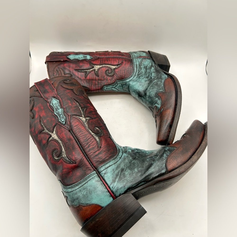 Lucchese Women’s Western Cowboy Boots Red Teal & Brown Distressed Leather Size 7 - Picture 7 of 17